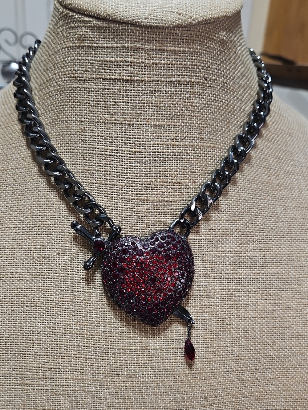Betsy Johnson Bleeding Heart And Dagger Necklace with Red Crystal Heart Pendant